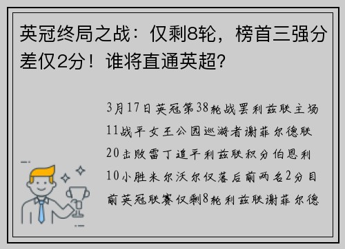 英冠终局之战：仅剩8轮，榜首三强分差仅2分！谁将直通英超？