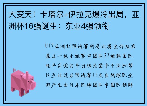 大变天！卡塔尔+伊拉克爆冷出局，亚洲杯16强诞生：东亚4强领衔